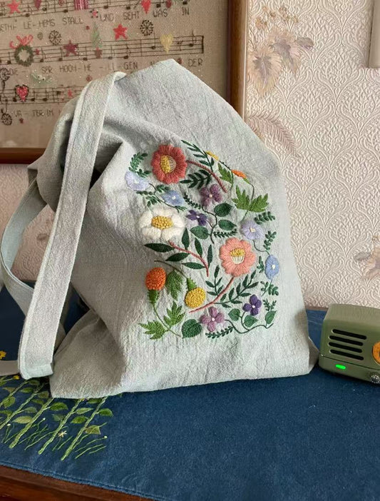 Close-up of unique embroidery on a handmade sustainable bag