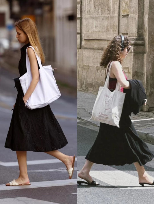 lightweight canvas tote with embroidered detail on a table