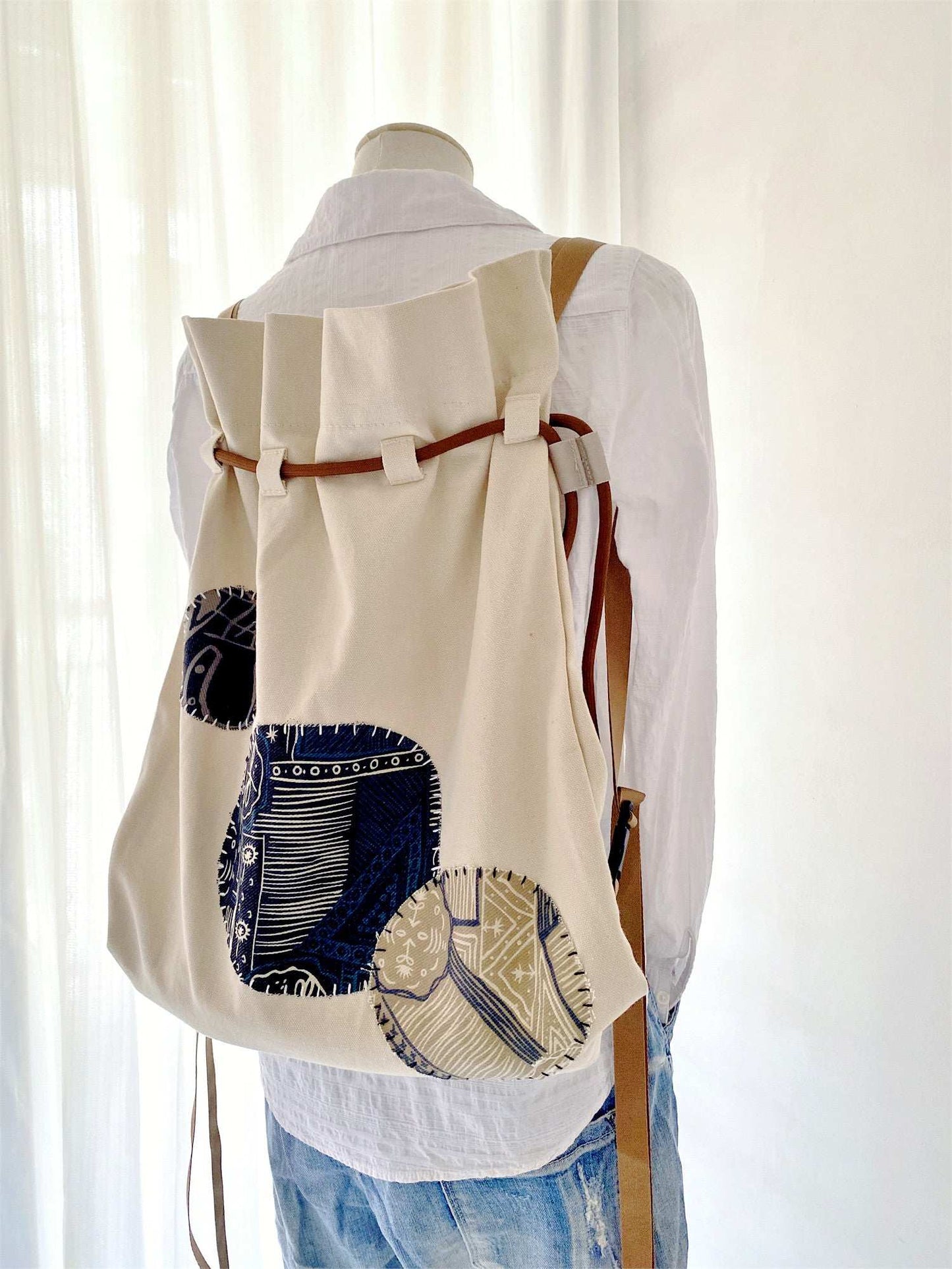 boho chic backpack with diy stitched patchwork and organic cotton fabric