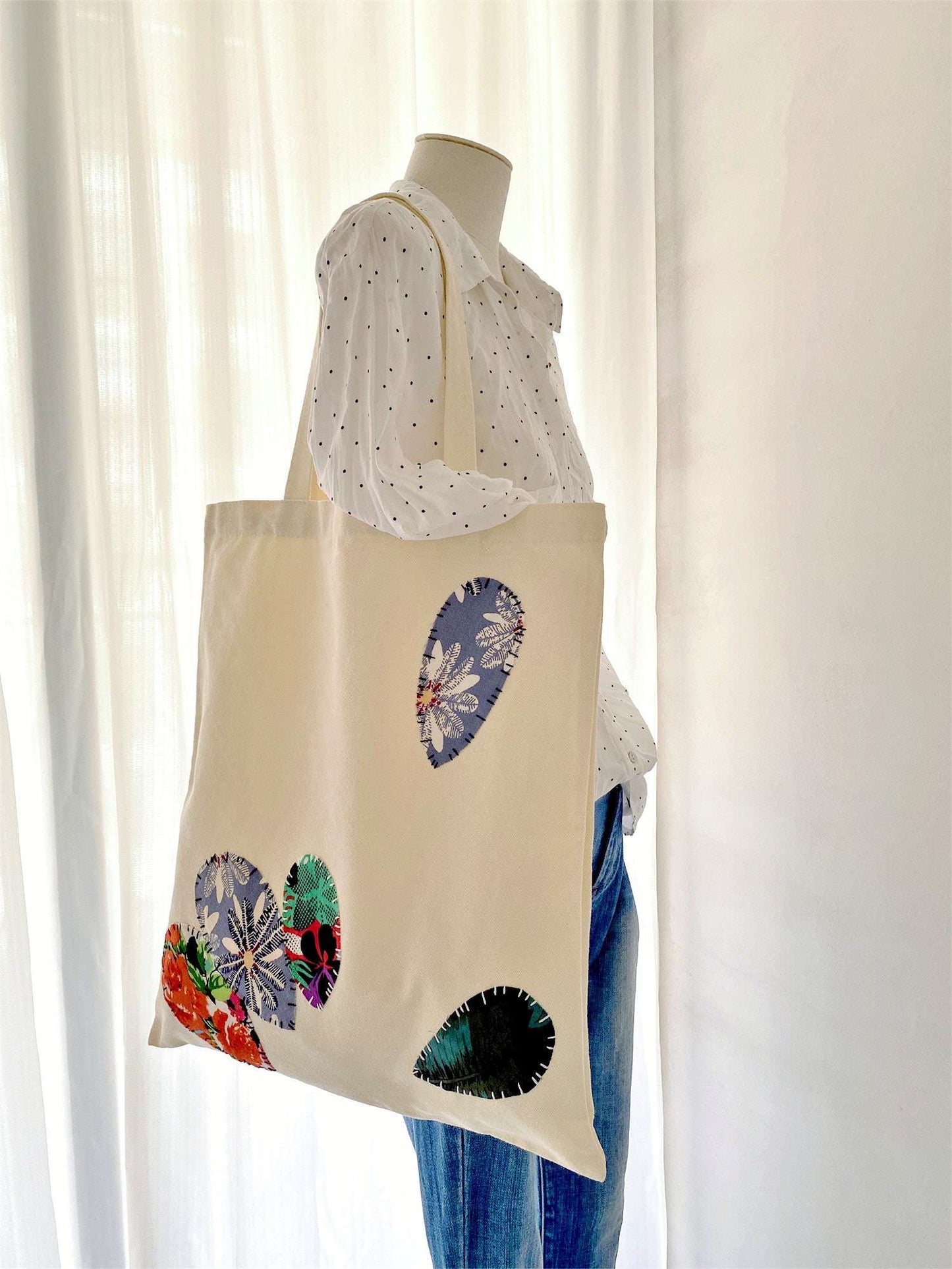 Sustainable handmade shoulder bag with patchwork detail for nature lovers