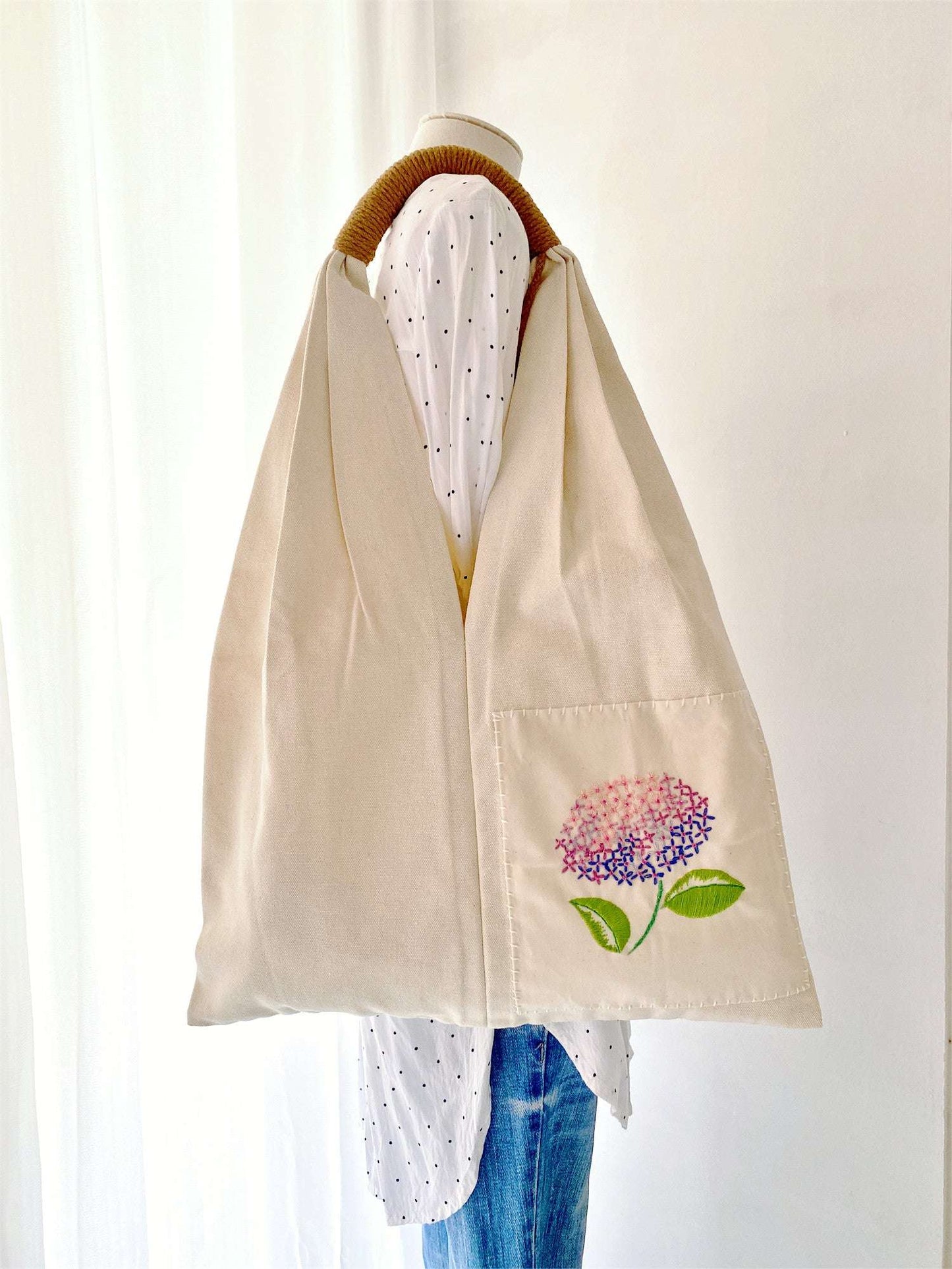 Artistic hand-sewn tote bag with DIY embroidery for women who love slow fashion