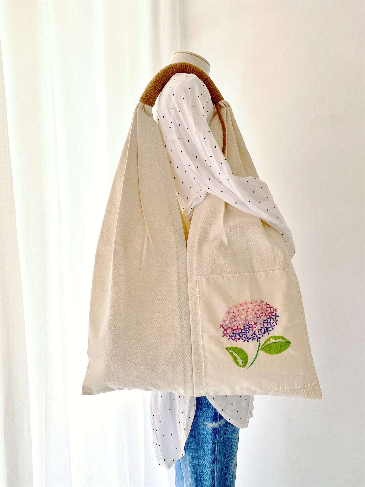 Boho-style fabric tote bag with handmade flower bouquet embroidery for daily shopping and travel
