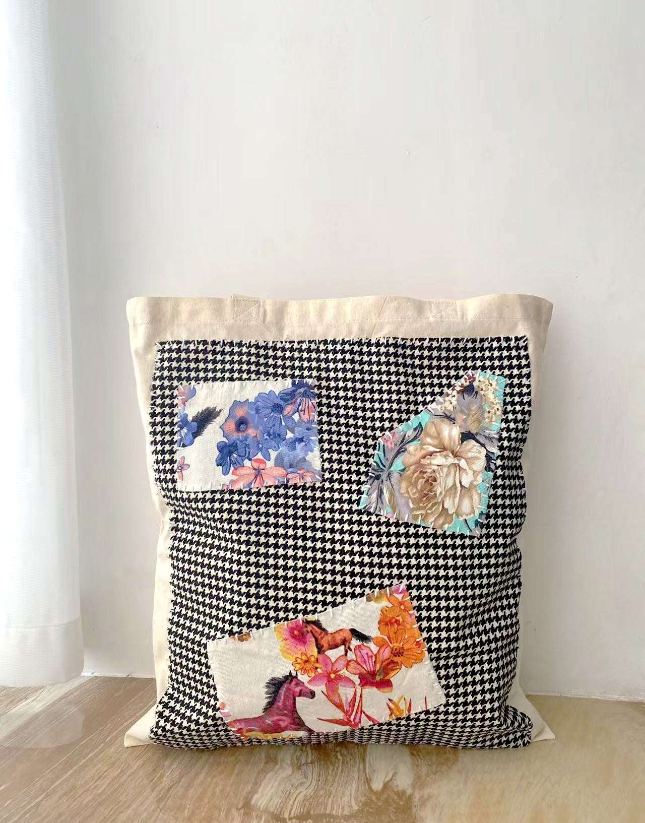 Durable Handcrafted Patchwork Canvas Tote for Shopping, Beach, and Daily Use