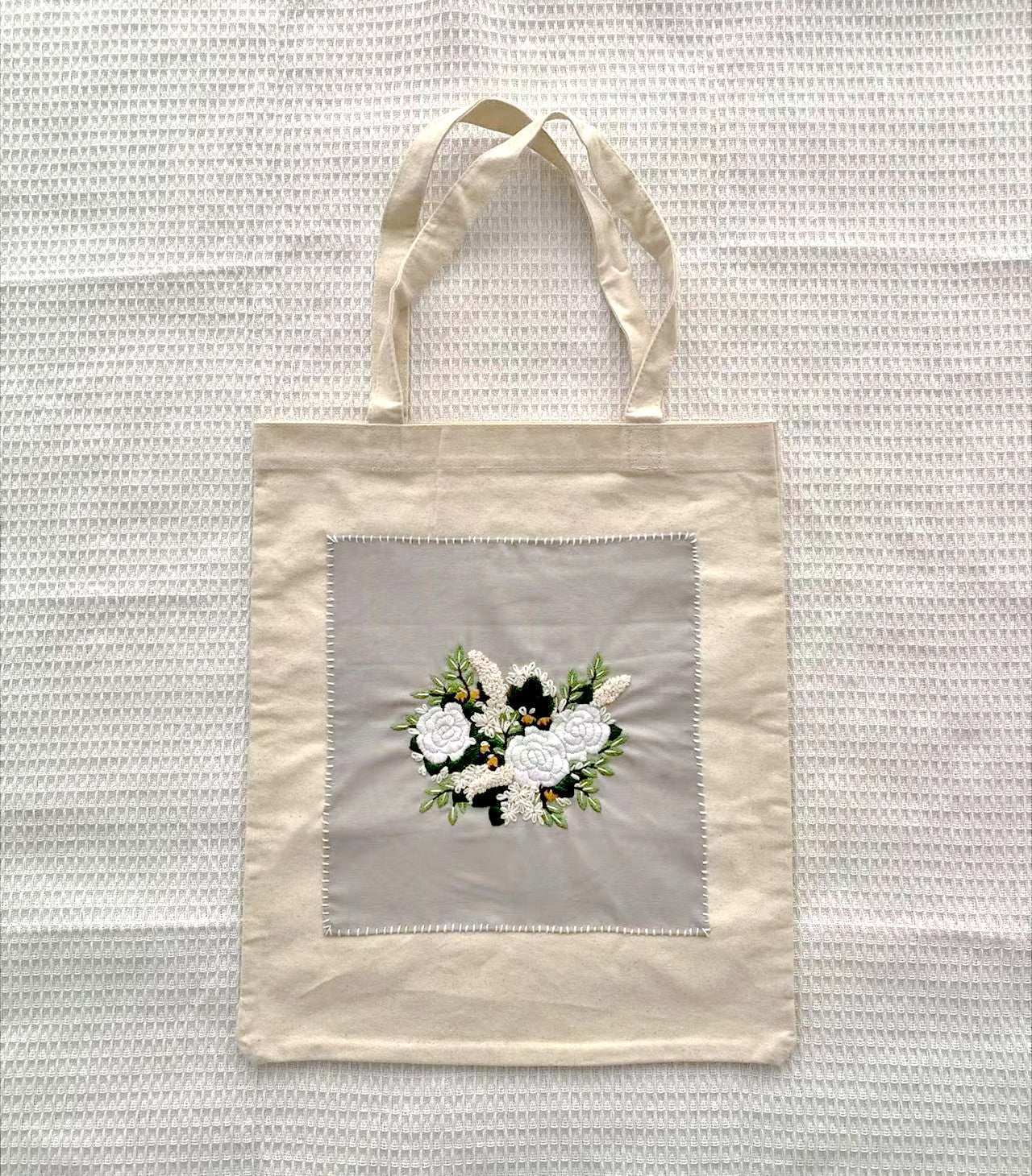 Durable Shopping Tote with Hand-Embroidered Floral Designs