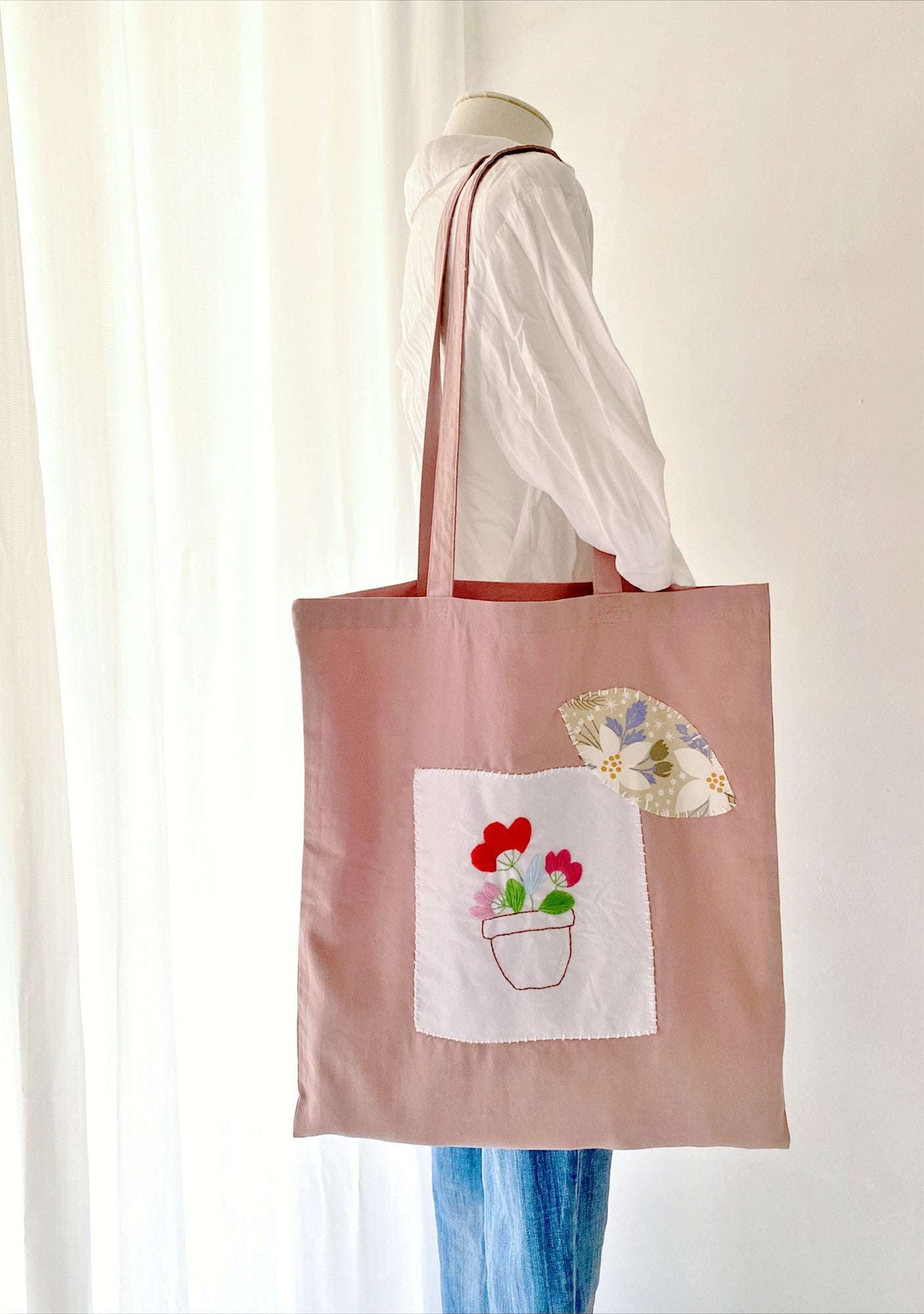 Personalized Handcrafted Cotton Tote Bag with Unique Boho Style Flower Bouquet Design