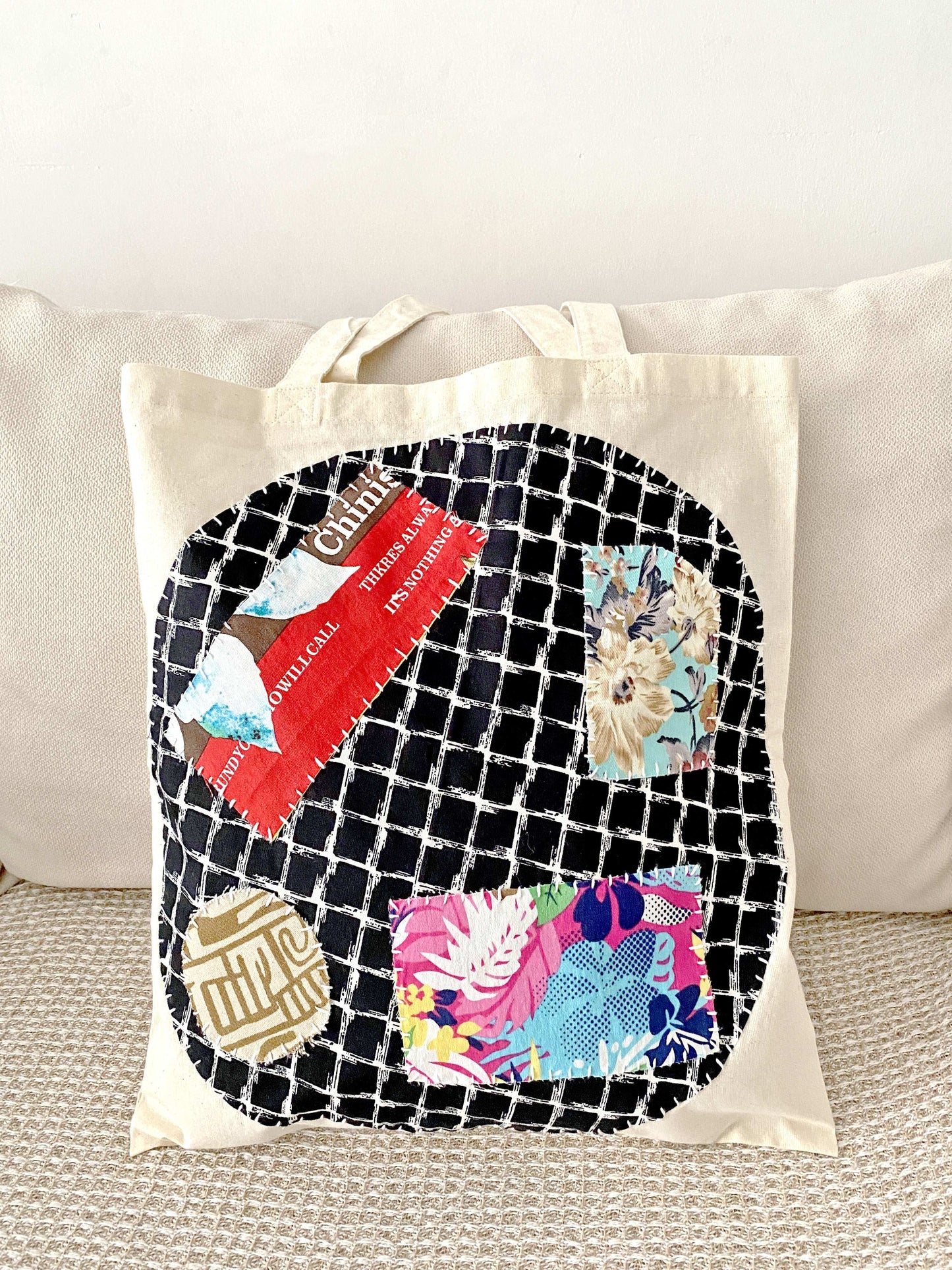 Artistic boho-style hand-stitched tote bag for travel and daily use