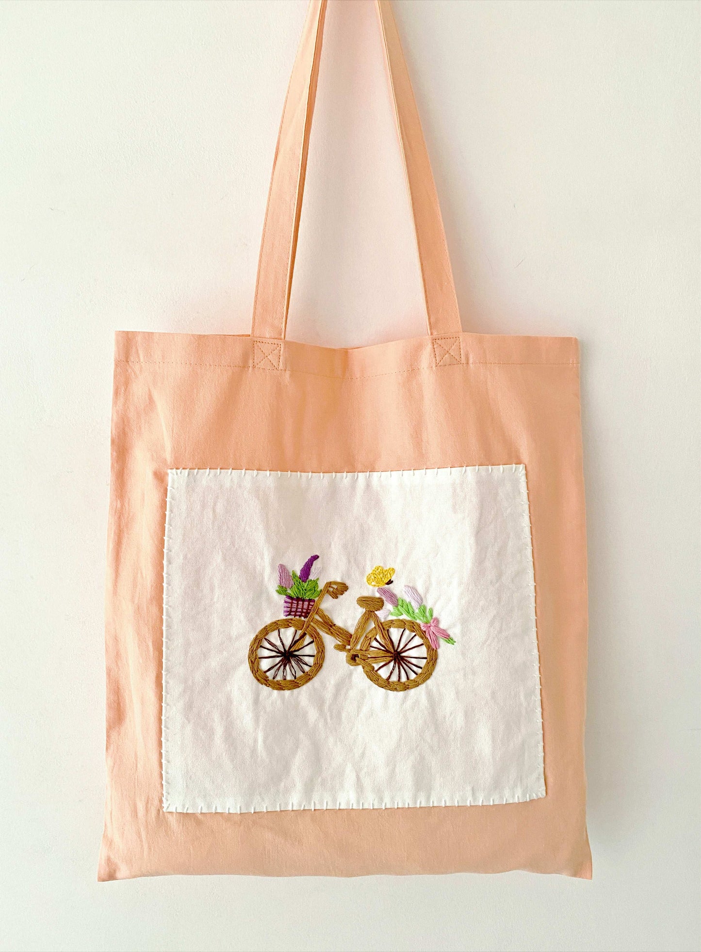 Custom DIY hand-embroidered bicycle pattern organic cotton tote bag
