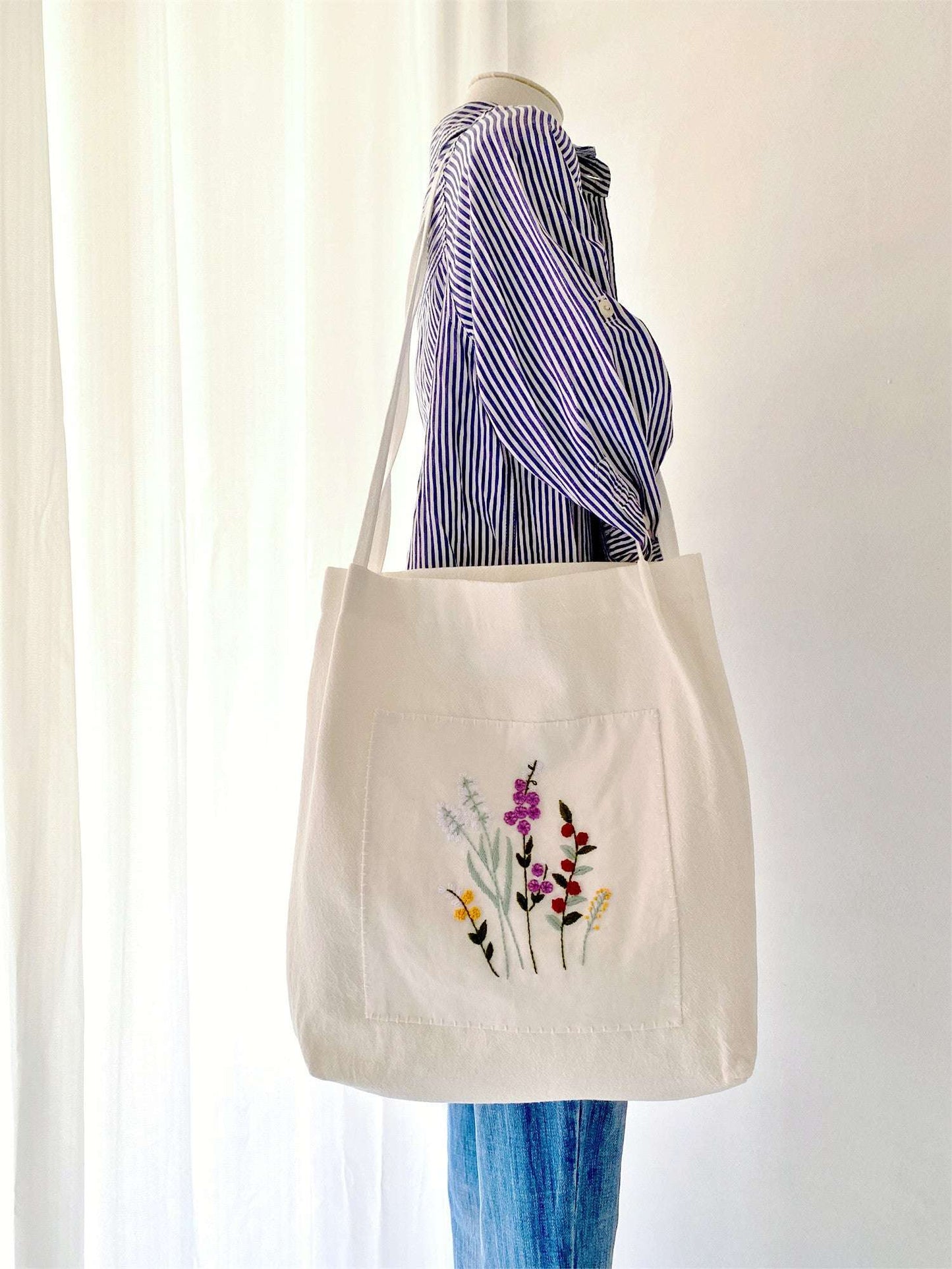 Handmade Organic Linen Shoulder Bag with Floral DIY Embroidery for Women