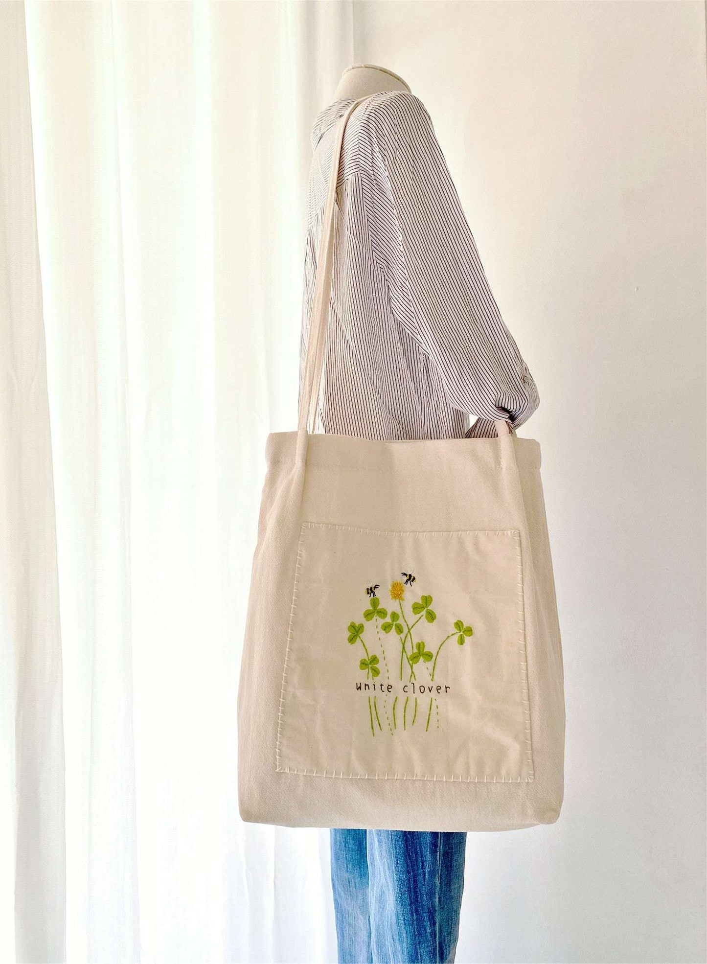 Unique Bohemian Style Shoulder Bag with Natural Linen and Delicate Floral Stitch