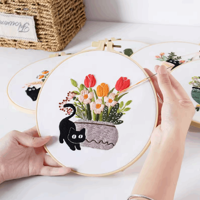 Beautiful floral and kitty embroidery wall hanging