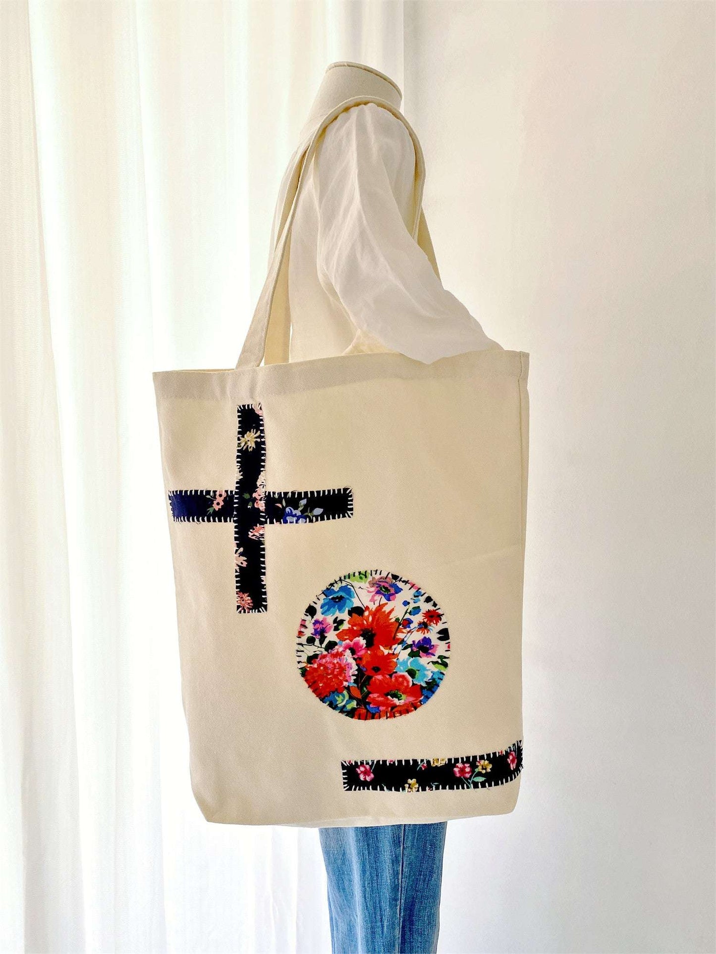 Durable and stylish handmade patchwork tote bag for fashion-conscious women