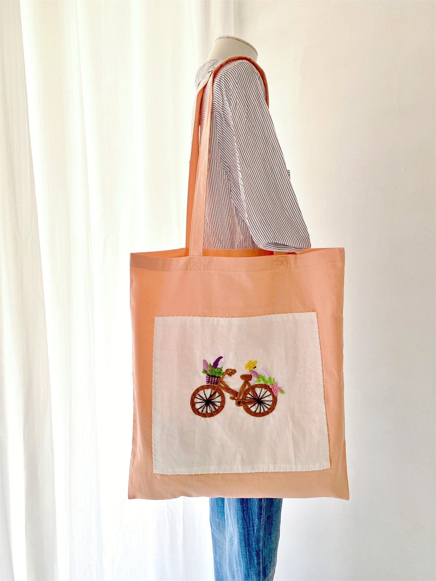 Unique gift for women – embroidered cotton tote with floral bicycle art
