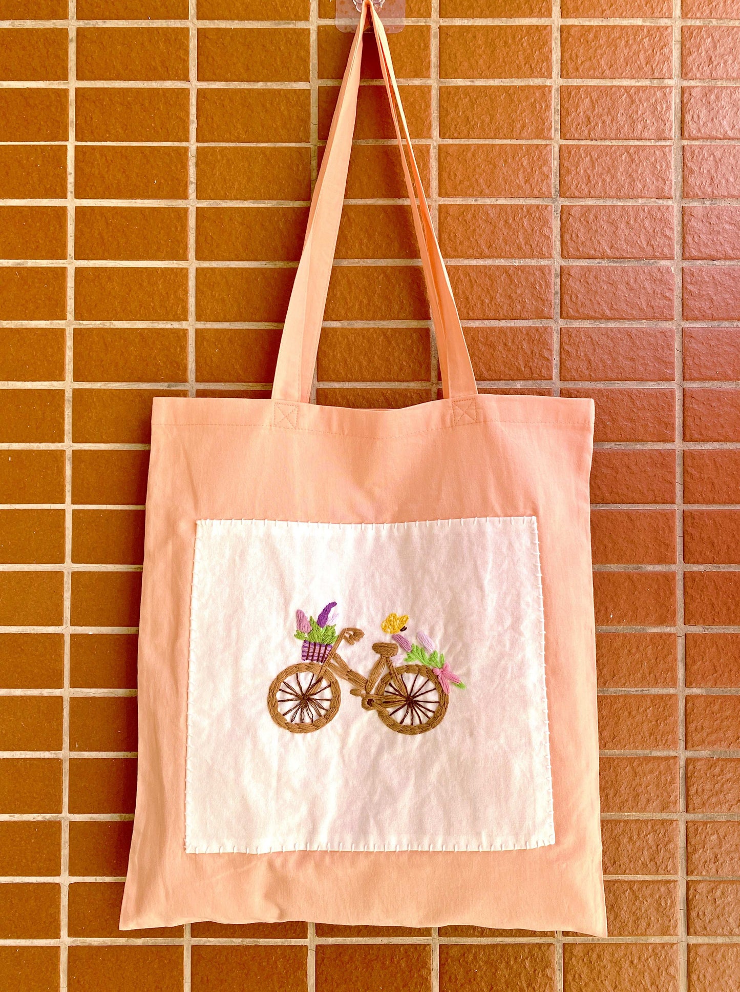 Minimalist handmade tote bag with bicycle embroidery for boho lovers