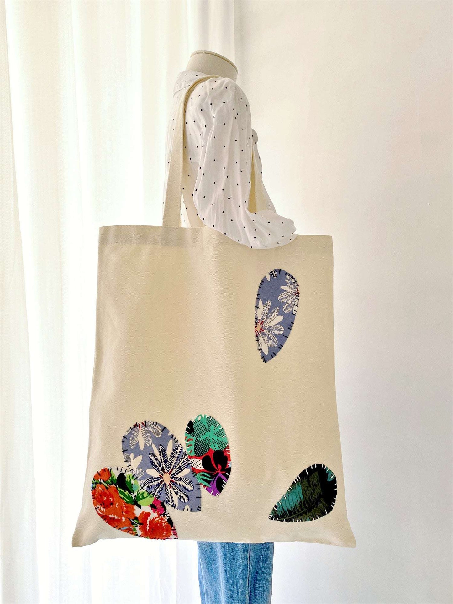 Feminine and artistic organic fabric tote for walking, shopping, or commuting
