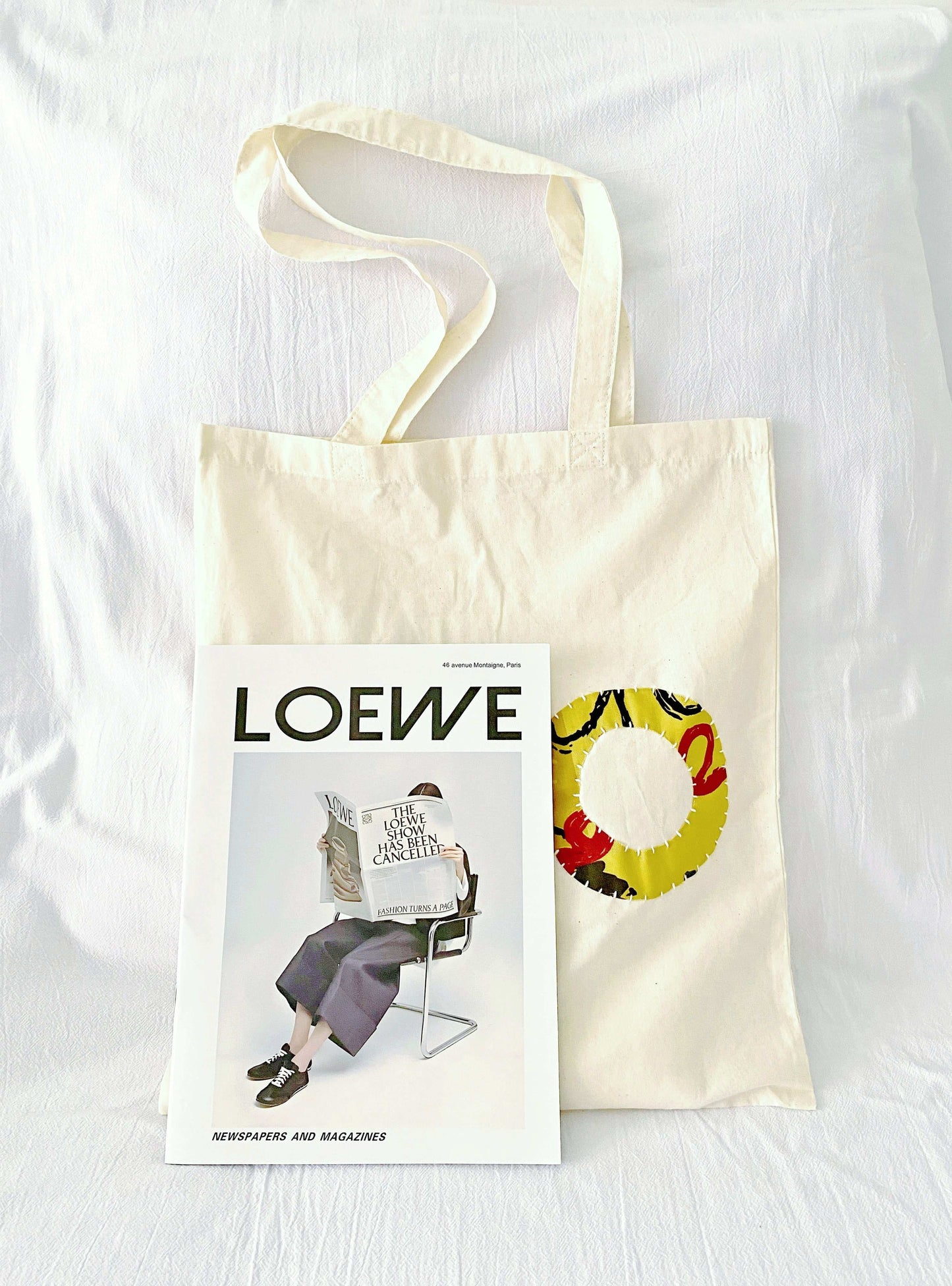 Soft eco tote for women, emphasizing creative patchwork in a sustainable framework