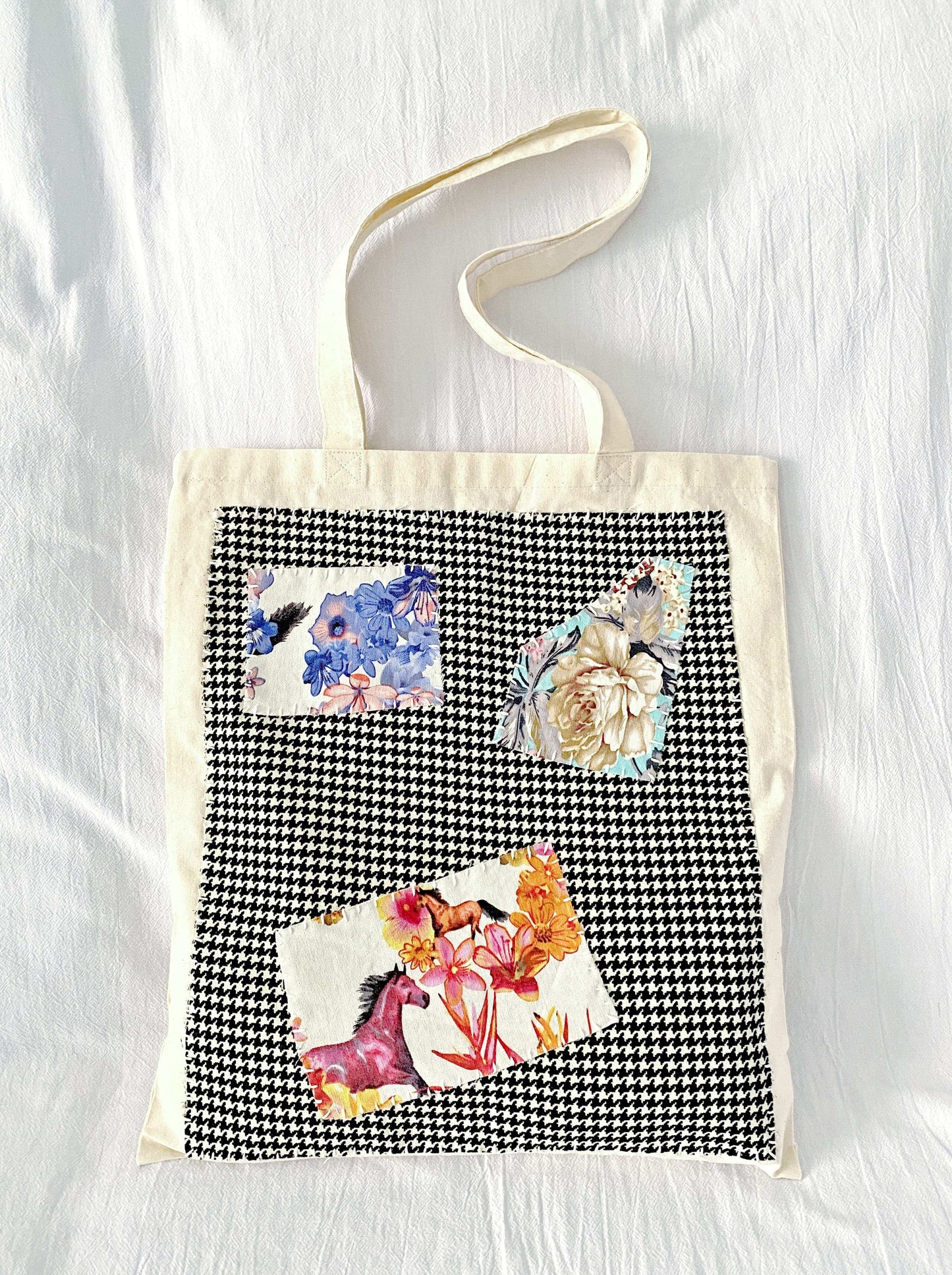 artful patchwork tote made from natural materials