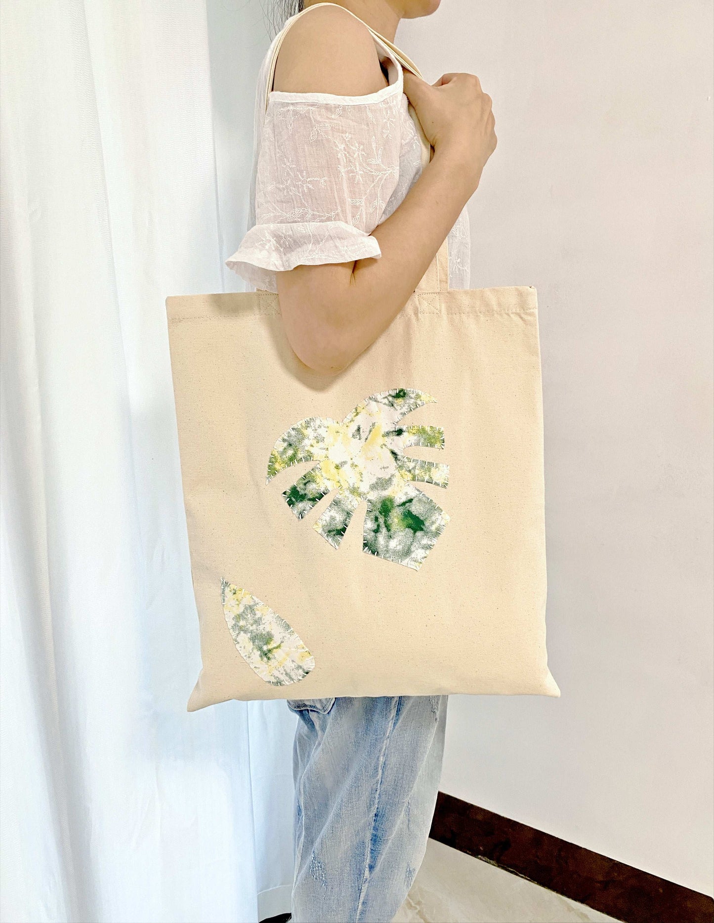 Handmade patchwork detail on cotton tote