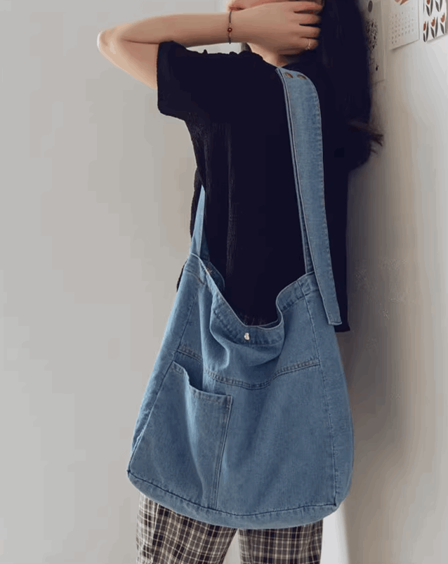 Multi-functional Denim Shoulder Bag for Women with Patchwork and Embroidery Design
