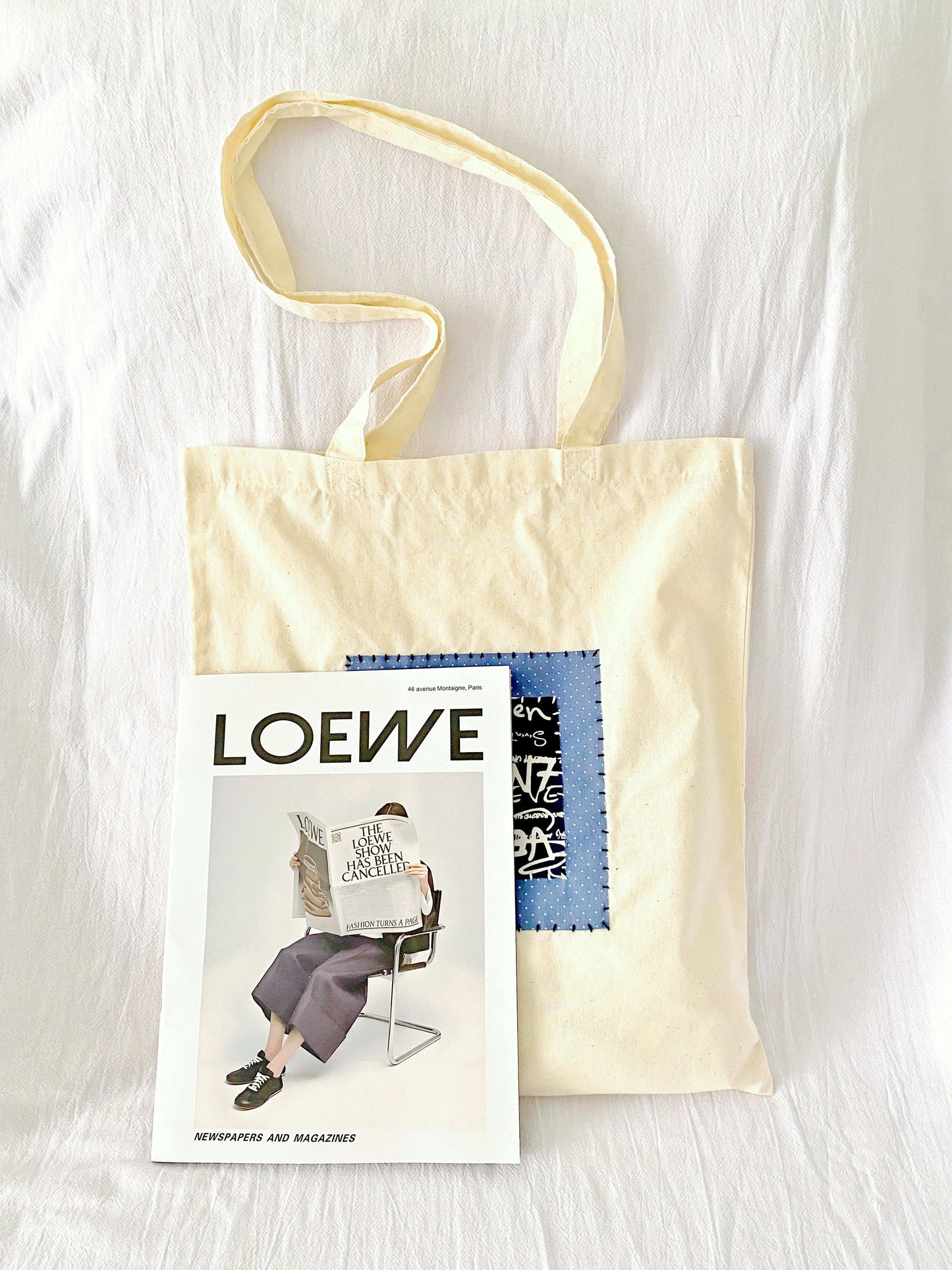 relaxed style cotton bag with hand-stitched patchwork