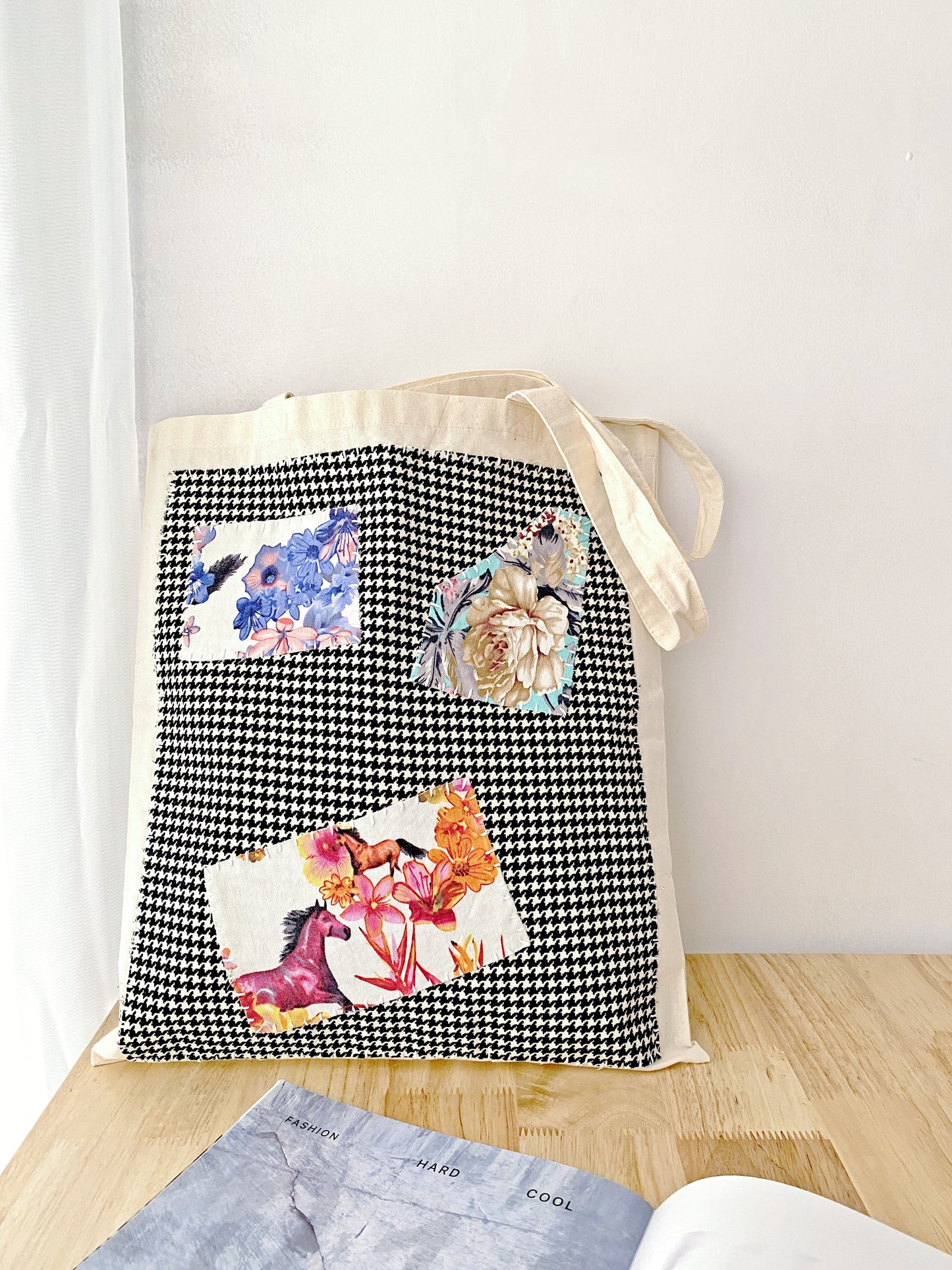 eco-friendly cotton canvas tote bag with hand-stitched patchwork design