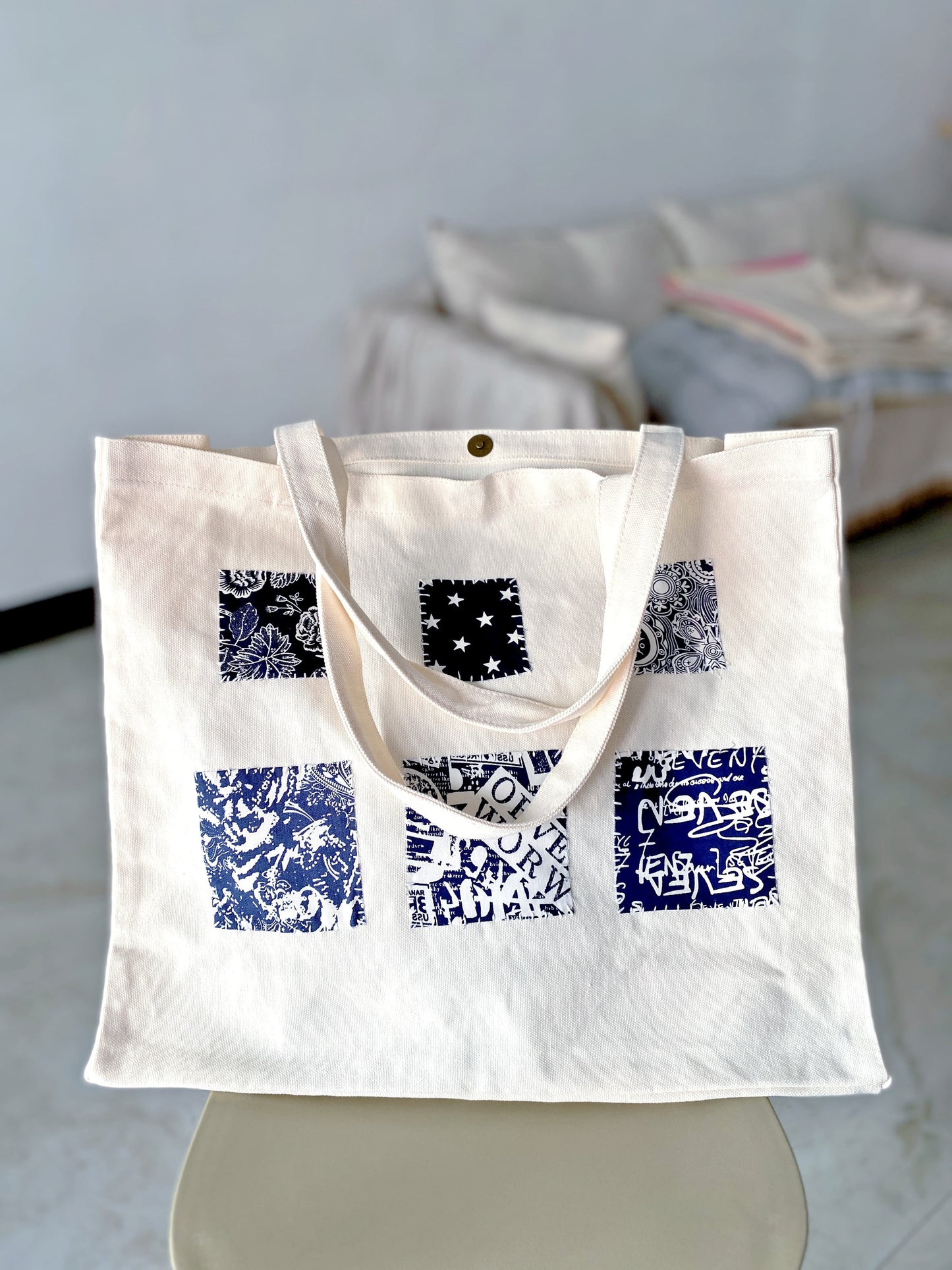 Creative women's canvas tote bag with handmade patchwork, eco-friendly natural materials