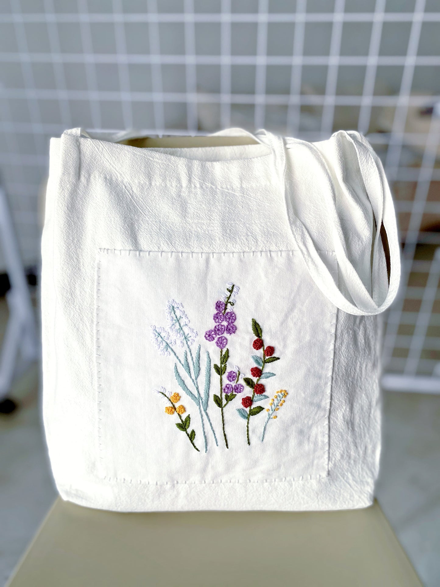 unique handmade flower embroidery linen bag, ethical fashion choice for London shoppers