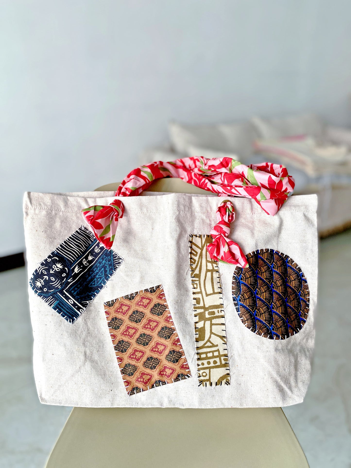 Creative cotton canvas tote bag with hand stitched patchwork for women