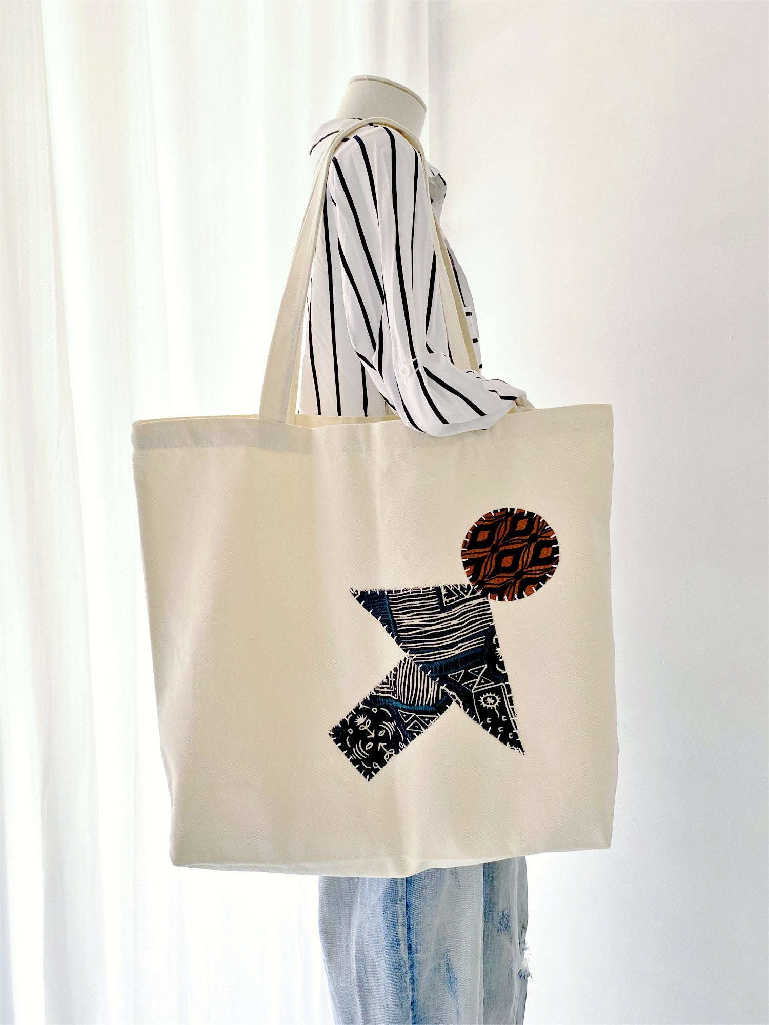 simple canvas tote bag with handmade patchwork design