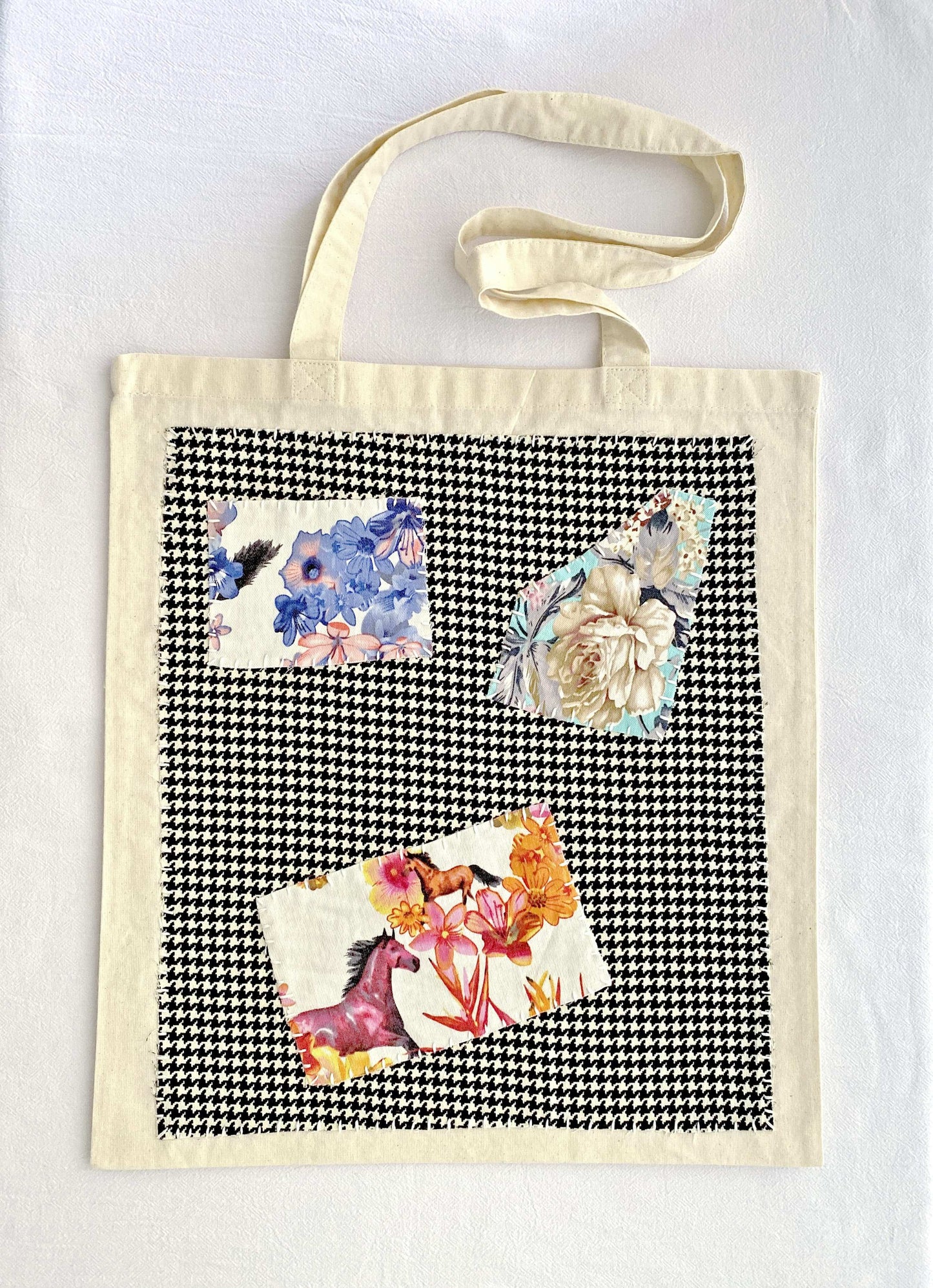 minimal style canvas tote with artisanal patchwork accents
