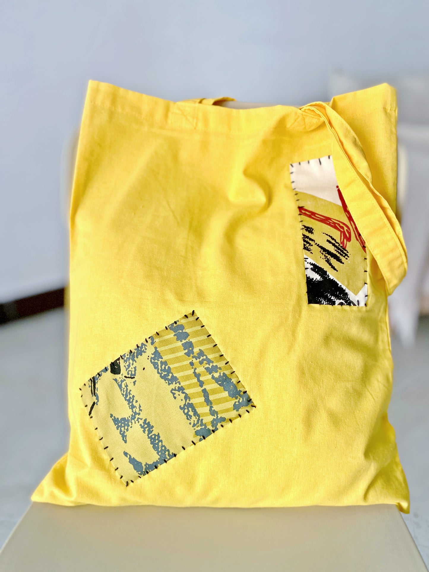 Lightweight durable fabric tote bag with artisanal patchwork for modern women