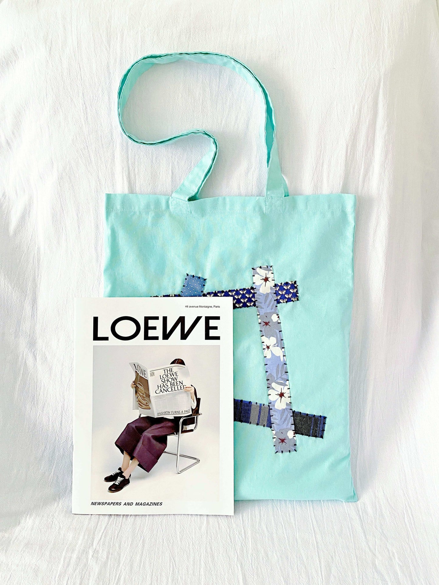 Super soft eco-friendly tote for women, highlighted by handmade patchwork in natural tones