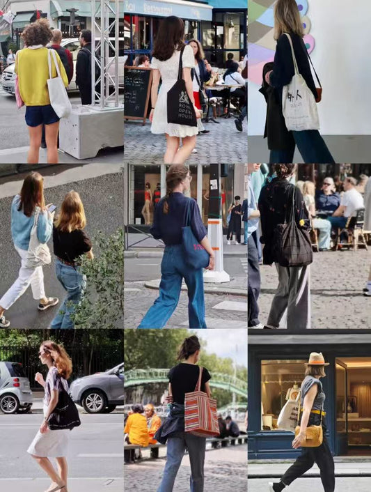 Bright colored canvas tote bag paired with denim jeans