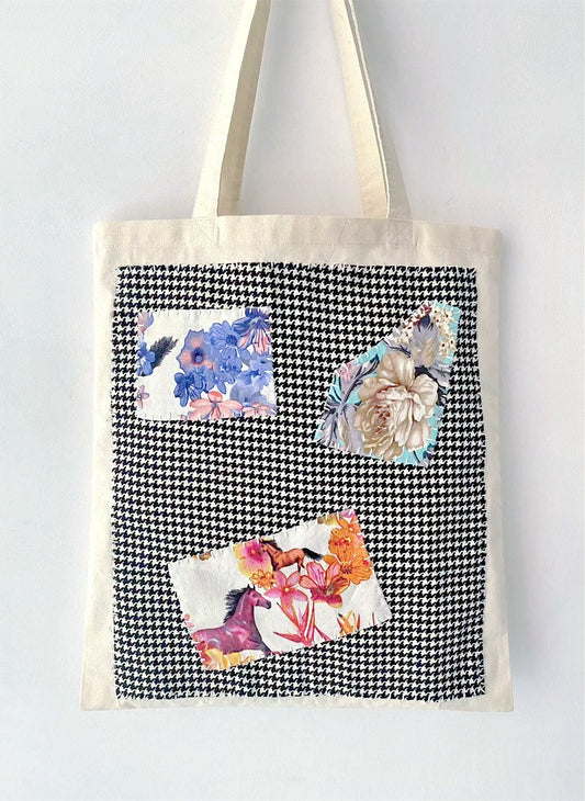 Hand-stitched patchwork bag holding books and daily essentials