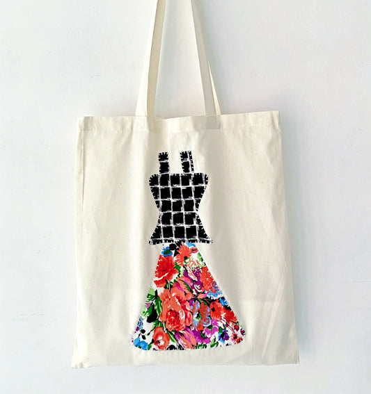 Close-up of handmade embroidery details on eco canvas fabric