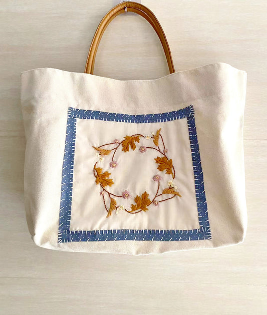 Close-up of handcrafted embroidery work on a sustainable cotton bag