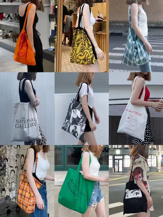 Stylish cotton tote bag with hand printed design, perfect for minimalist daily use.