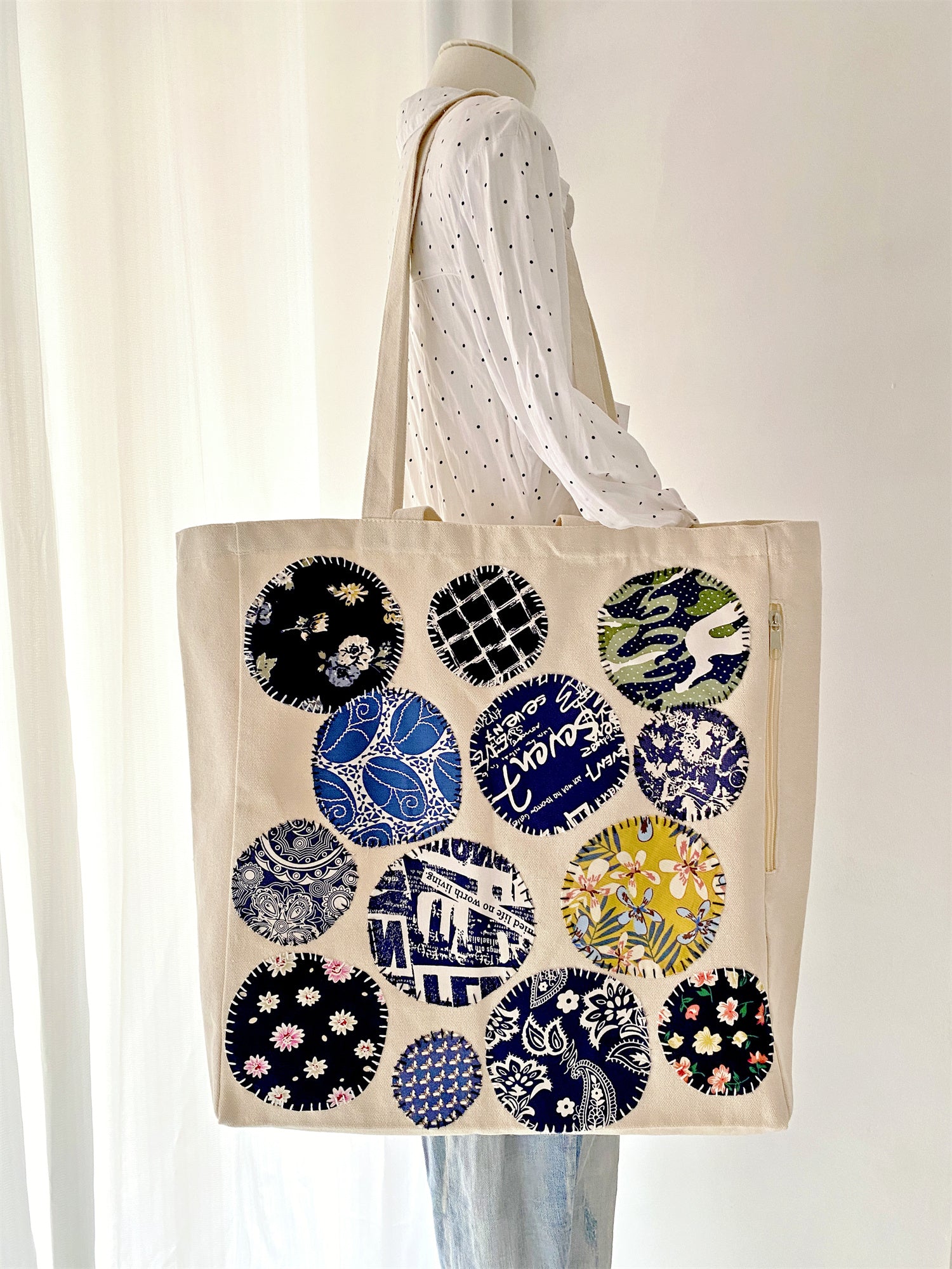 Personalized Eco-Friendly Organic Tote Bag with DIY Hand-Sewn Patchwork