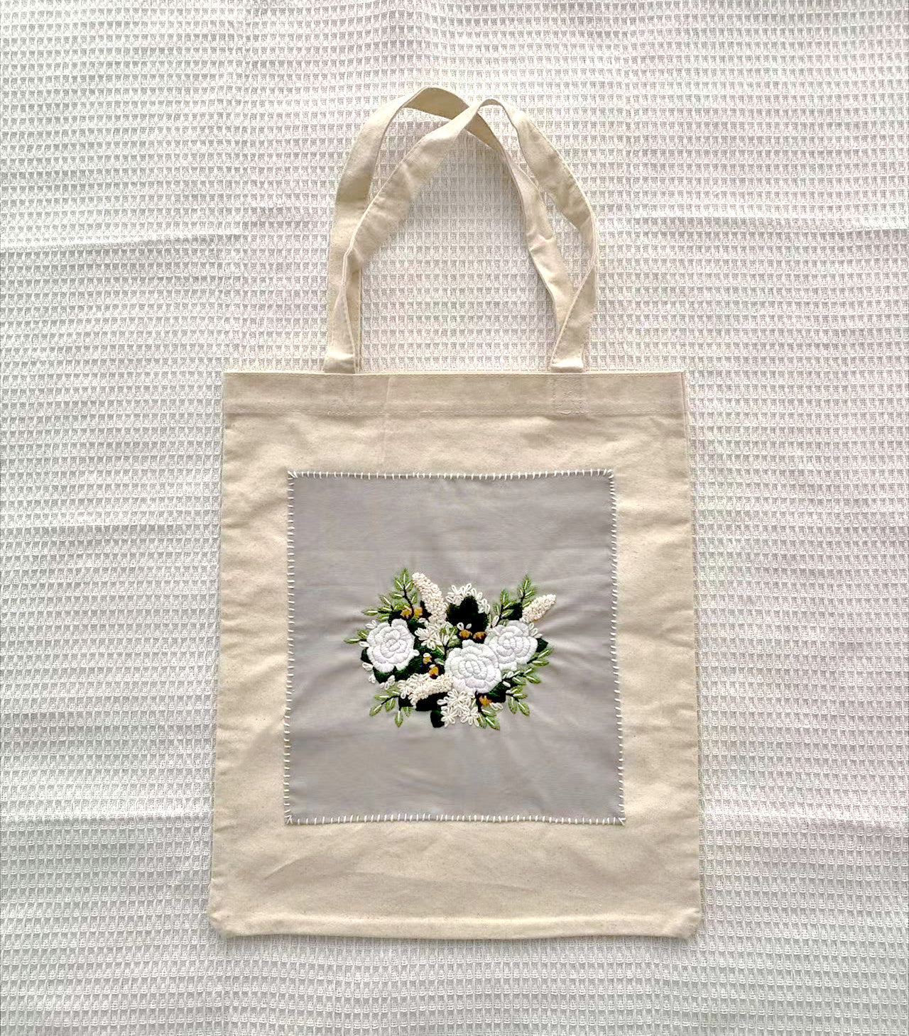 Durable Shopping Tote with Hand-Embroidered Floral Designs