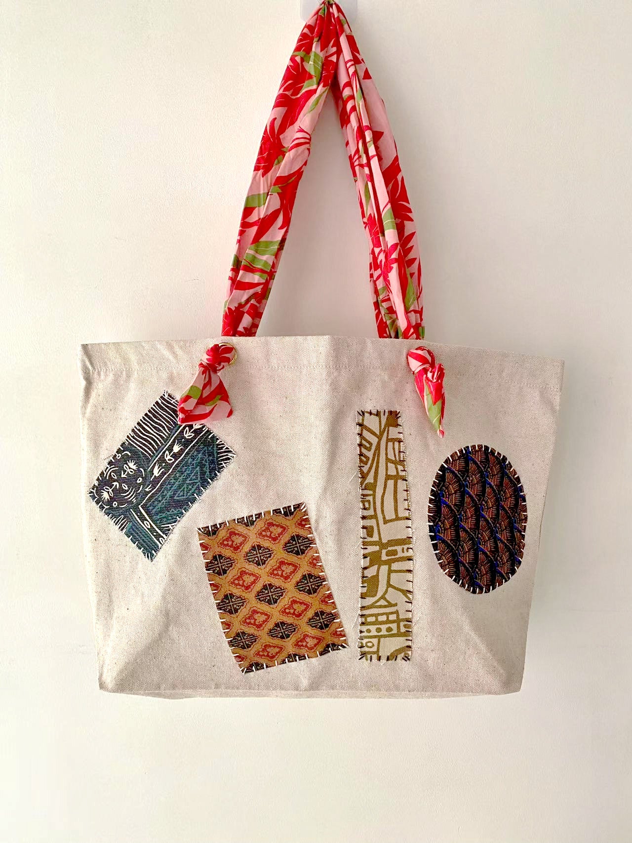 Eco-Friendly Cotton Tote Bag with Unique DIY Hand-Sewn Patchwork, Perfect for Daily Use