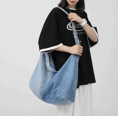 Durable and Spacious Denim Shoulder Bag for Shopping and Daily Use