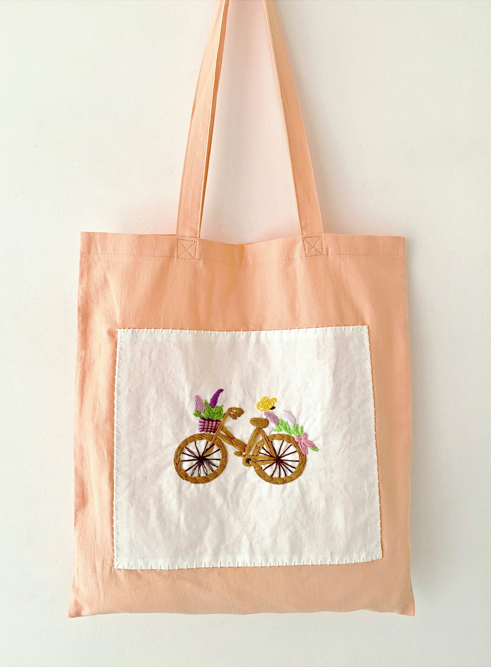 Custom DIY hand-embroidered bicycle pattern organic cotton tote bag