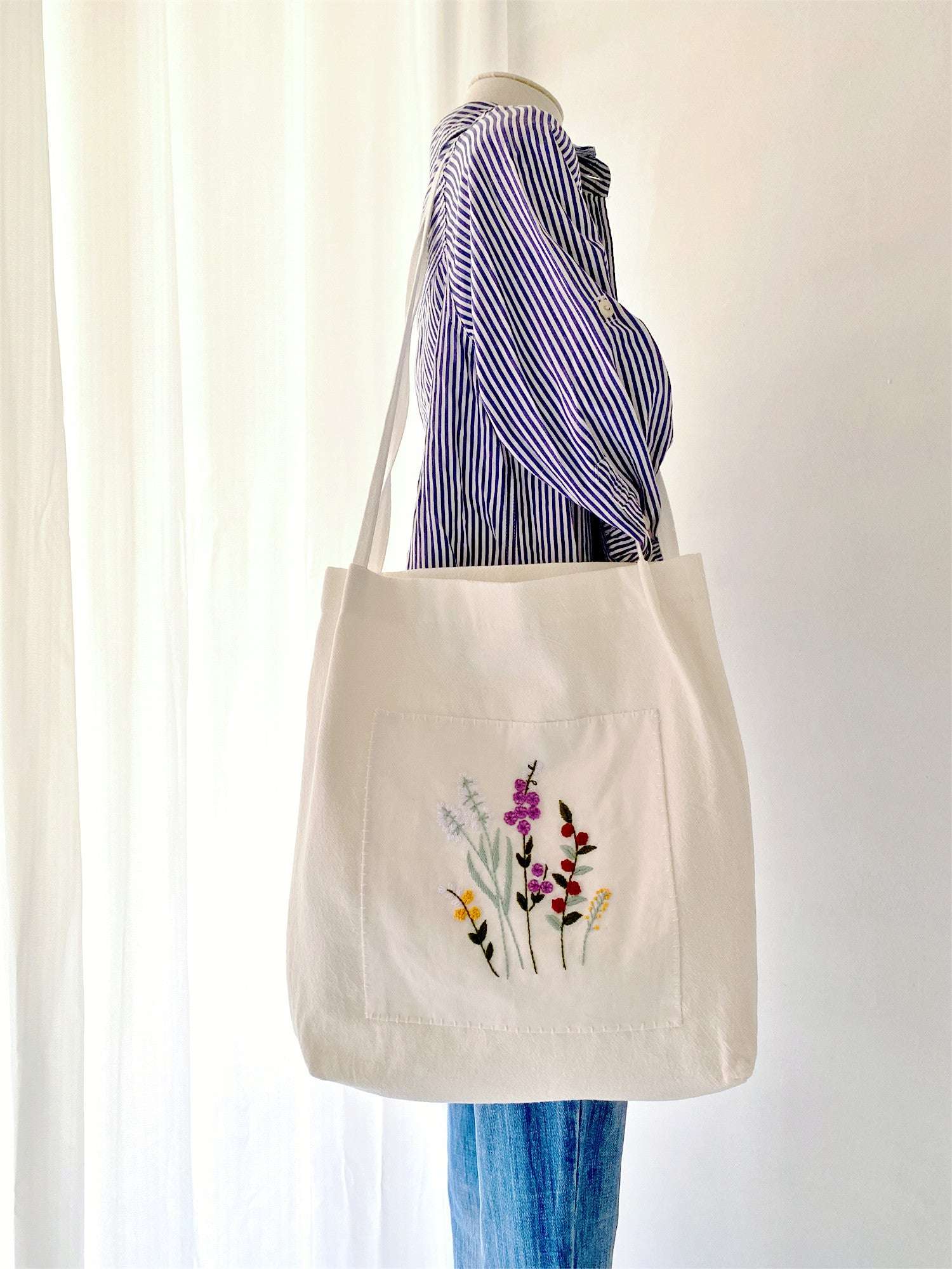 Handmade Organic Linen Shoulder Bag with Floral DIY Embroidery for Women