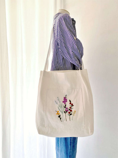 Handmade Organic Linen Shoulder Bag with Floral DIY Embroidery for Women
