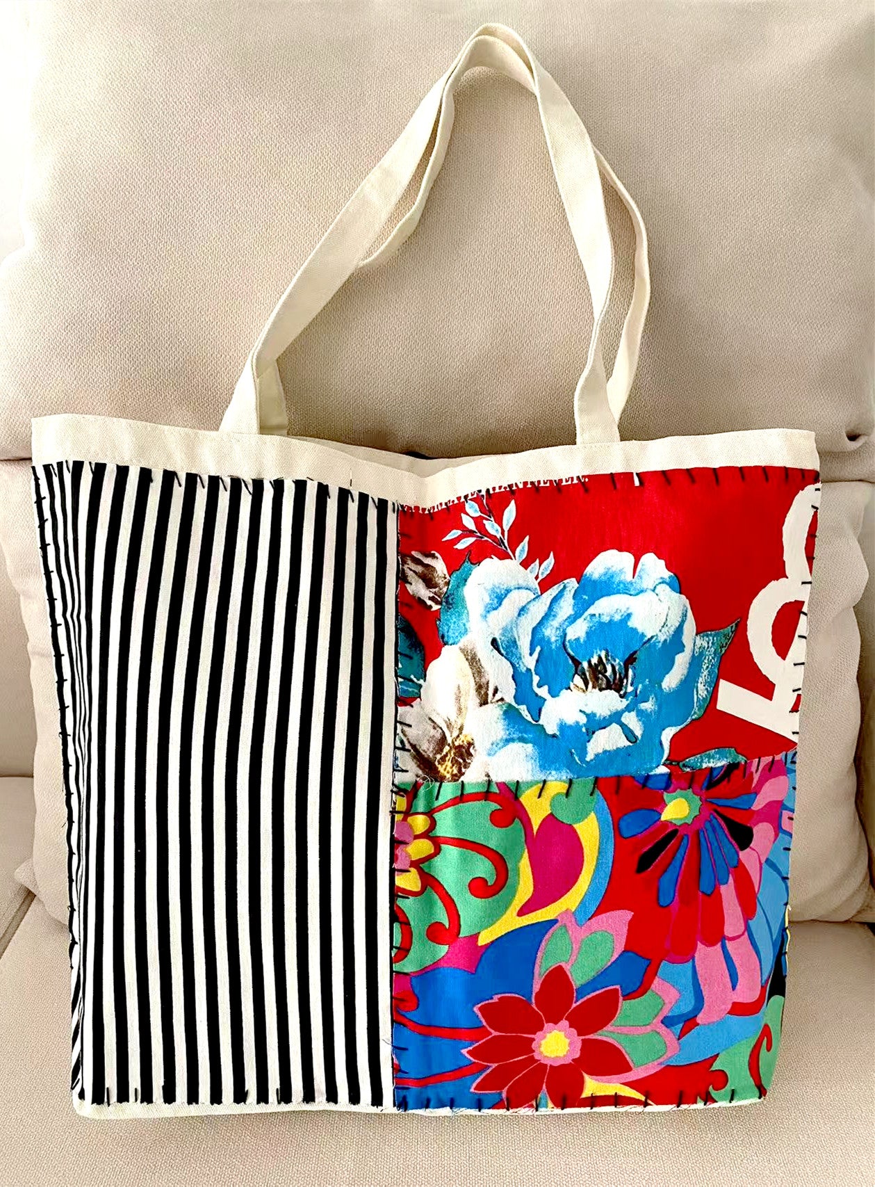 Eco-Friendly Large Canvas Tote Bag With Handmade Patchwork Design