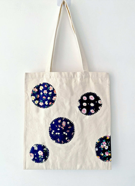 natural cotton fabric tote bag with creative patchwork panel