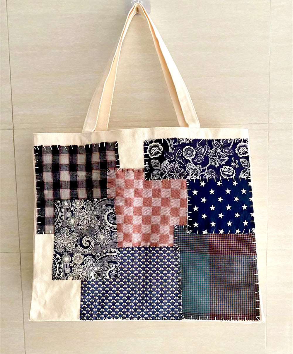 Personalized Hand-Stitched Patchwork Canvas Tote Bag with Extra Storage Space