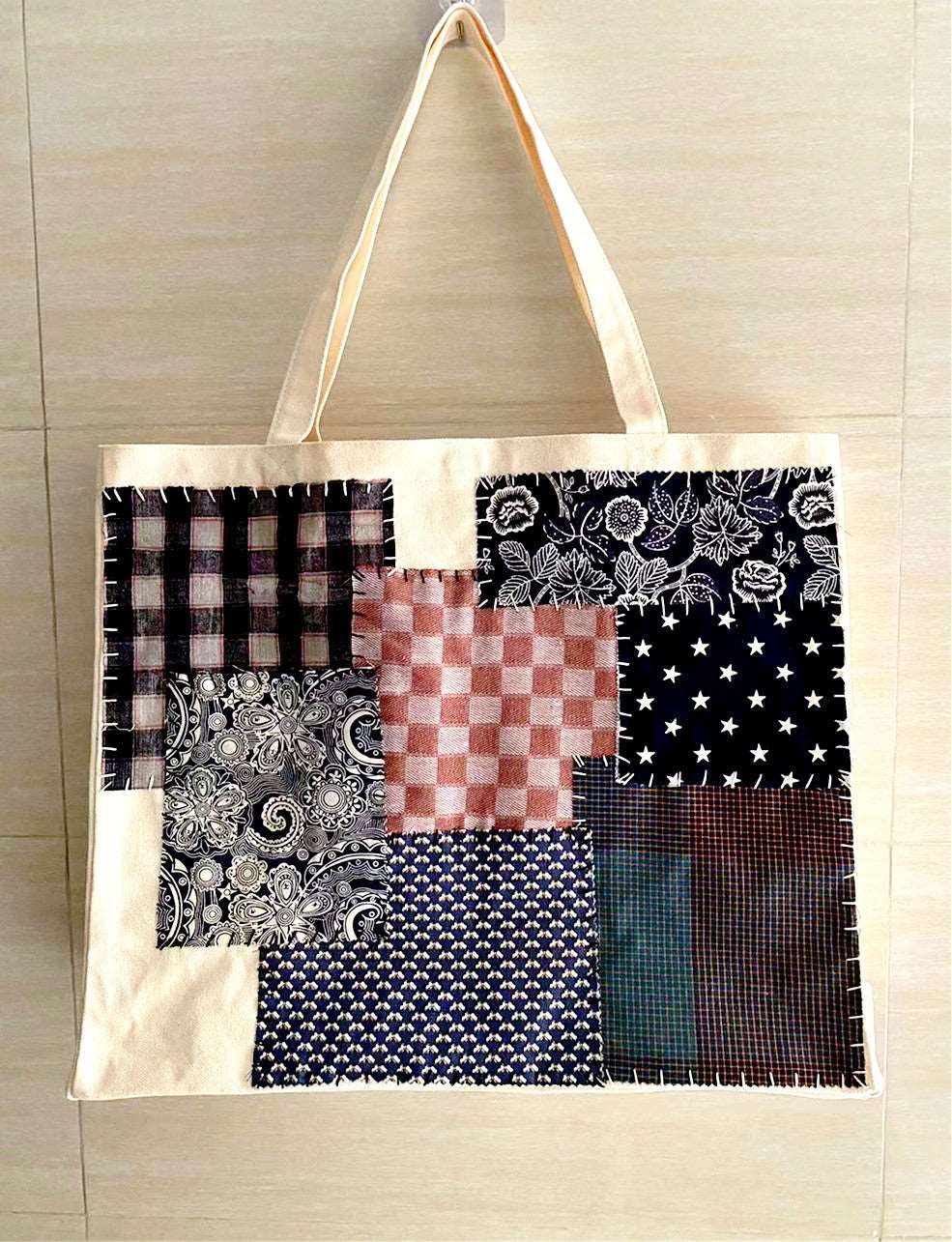 Handmade Large Capacity Canvas Bag with Custom Patchwork and Durable Hand-Sewn Features