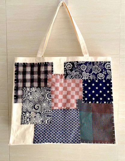 Custom Durable Canvas Tote Bag with Hand-Stitched Patchwork and Versatile Carry Options