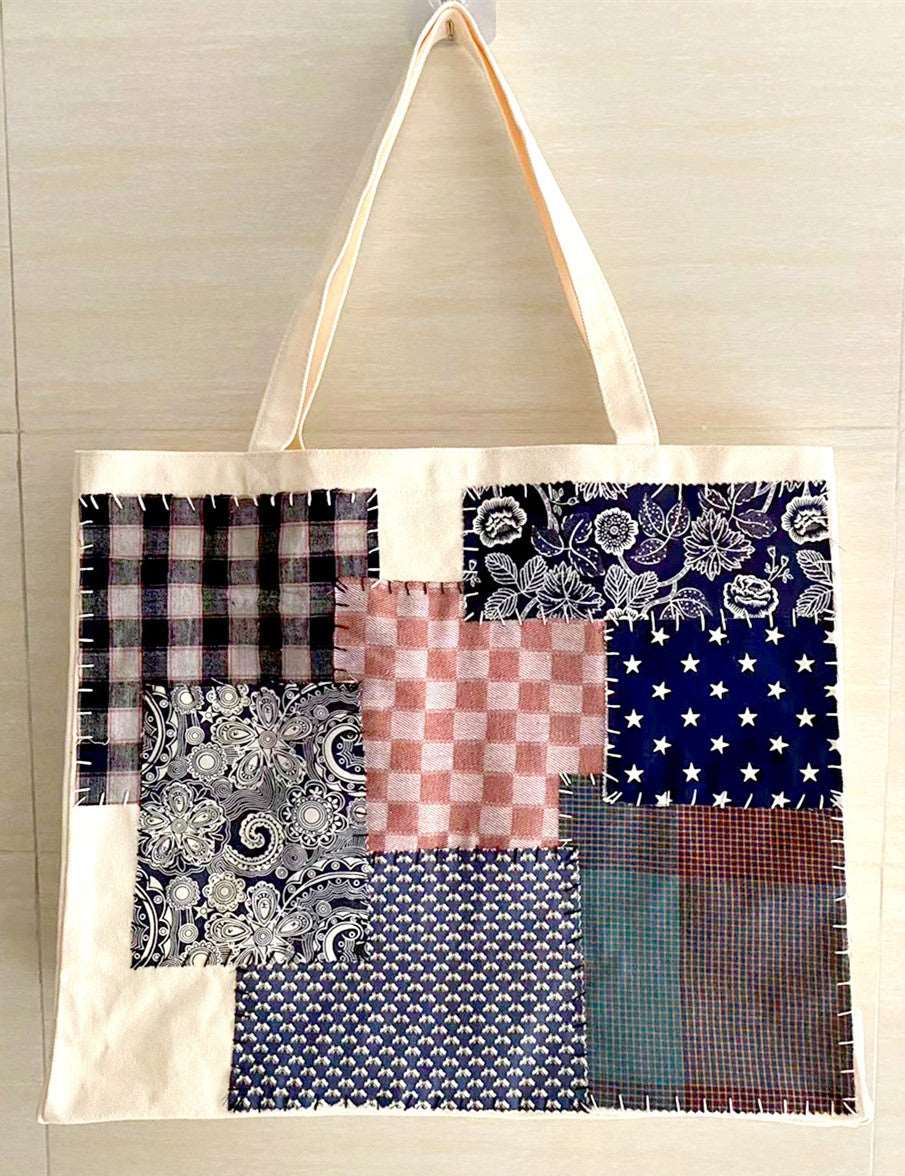 Custom Large Capacity Handmade Canvas Tote Bag with Patchwork Design for Daily Use