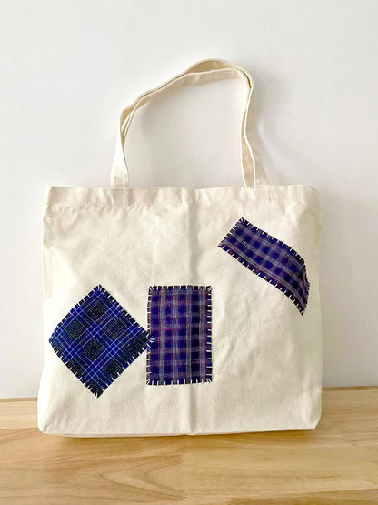 Sustainable Travel Canvas Tote Bag with DIY Handmade Patchwork Details